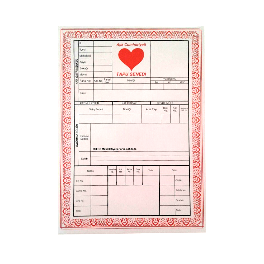 Sevgiliye Özel Hediye Aşk Tapusu