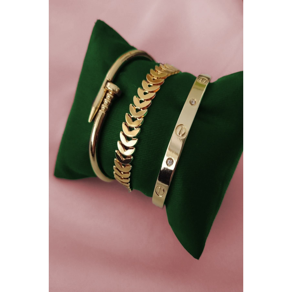 Kombin Kadın Altın Kaplama Taşlı Model Kılçık Ve Çivi Model Kombin Bileklik, Çivi Bileklik