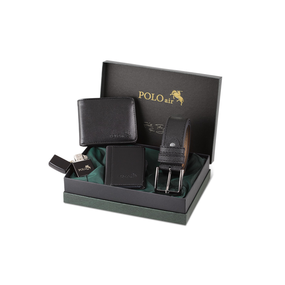 Kutulu Siyah Klasik Erkek Cüzdan Kemer Kartlık Benzinli Çakmak Seti
