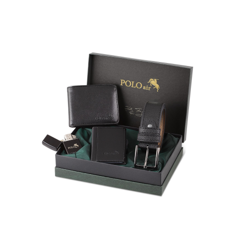 Kutulu Siyah Klasik Erkek Cüzdan Kemer Kartlık Benzinli Çakmak Seti