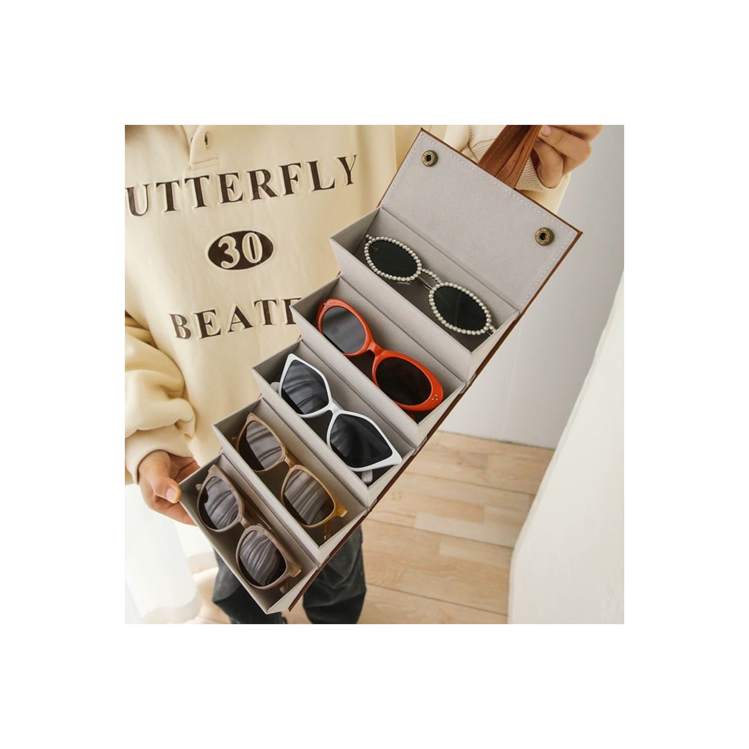 El Yapımı Deri 5'li Gözlük Taşıma Ve Saklama Çantası- Siyah Renk