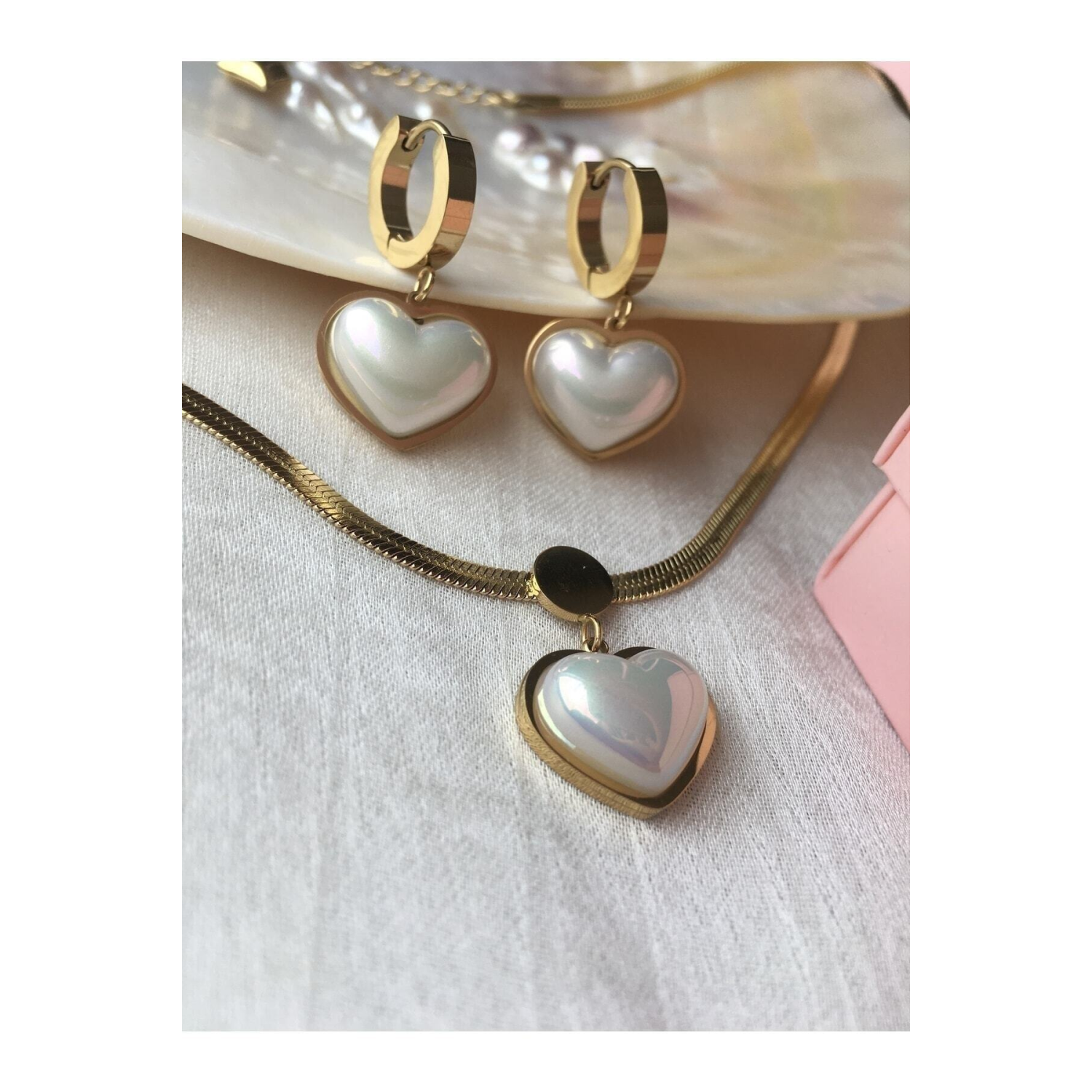 Fcstore Italyan Zincir Sedefli Kalp Kalpli Çelik Küpe Ve Kolye Set Vintage