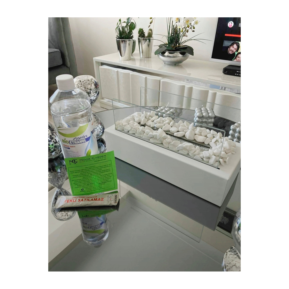 Metal Beyaz Renk Masa Üstü Şömine Sertifikalı Yakıt Ve Dekoratif Taş Hediyeli