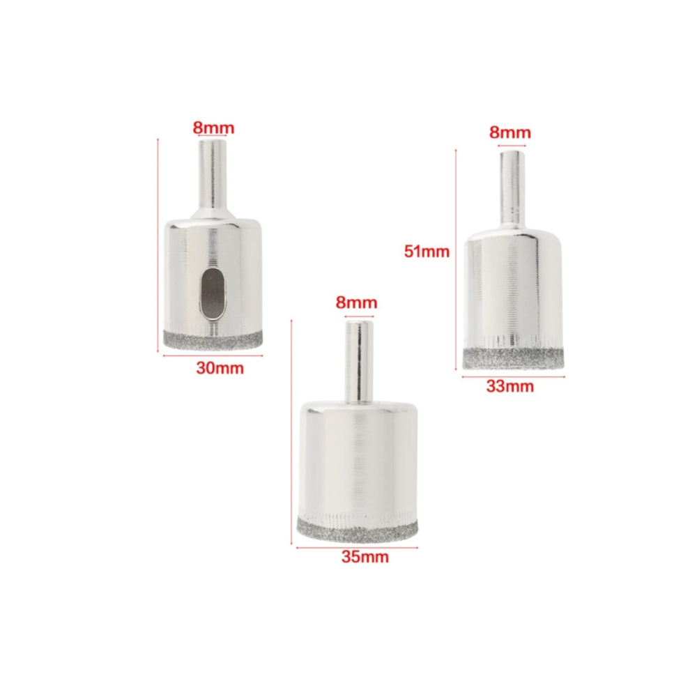 Mermer Granit Fayans Cam Yuvarlak Delme Pancı 30 33 35mm Elmas Uç Delik Açma Matkap Karot 3 Parça