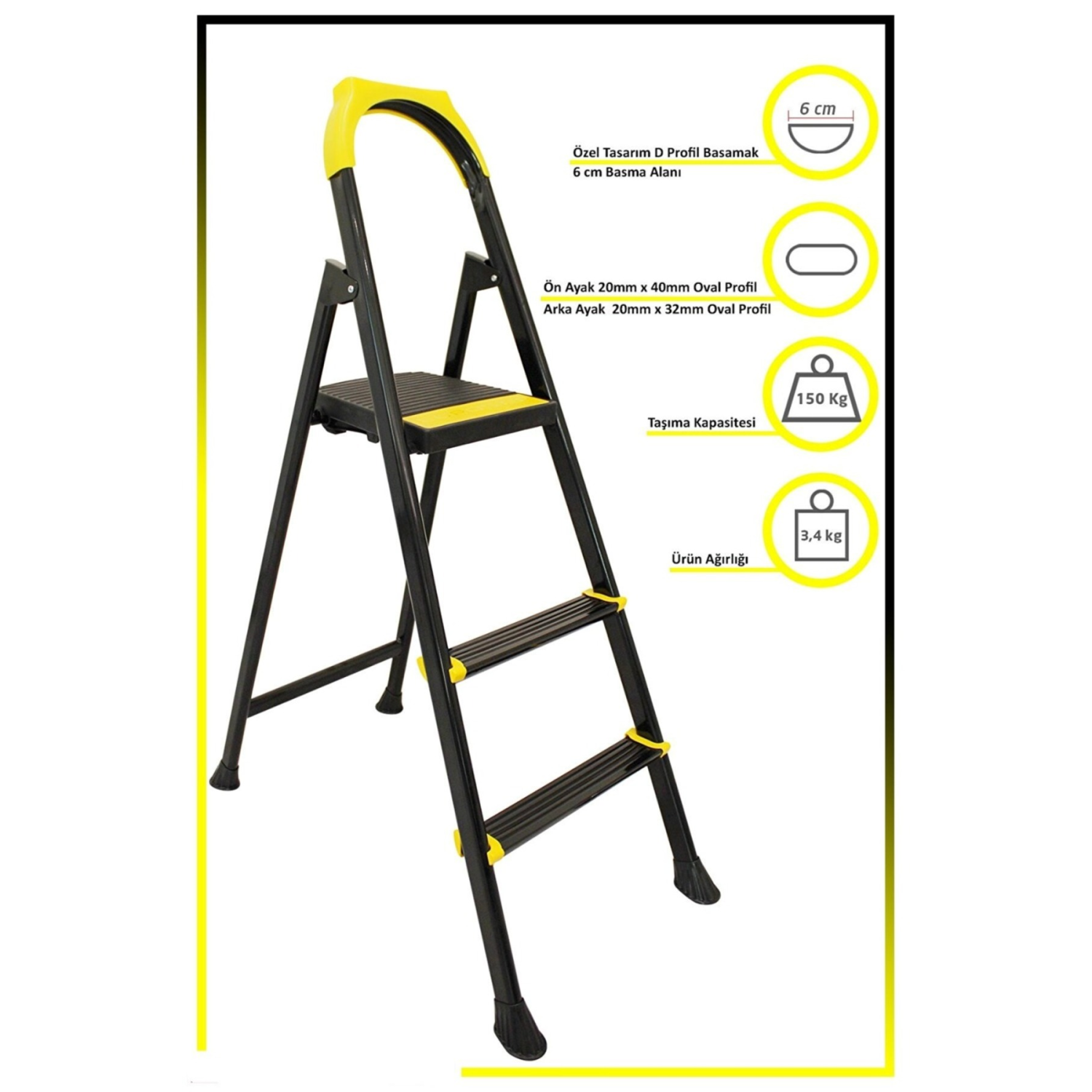 Leo Siyah Merdiven 2+1 Metal Basamaklı