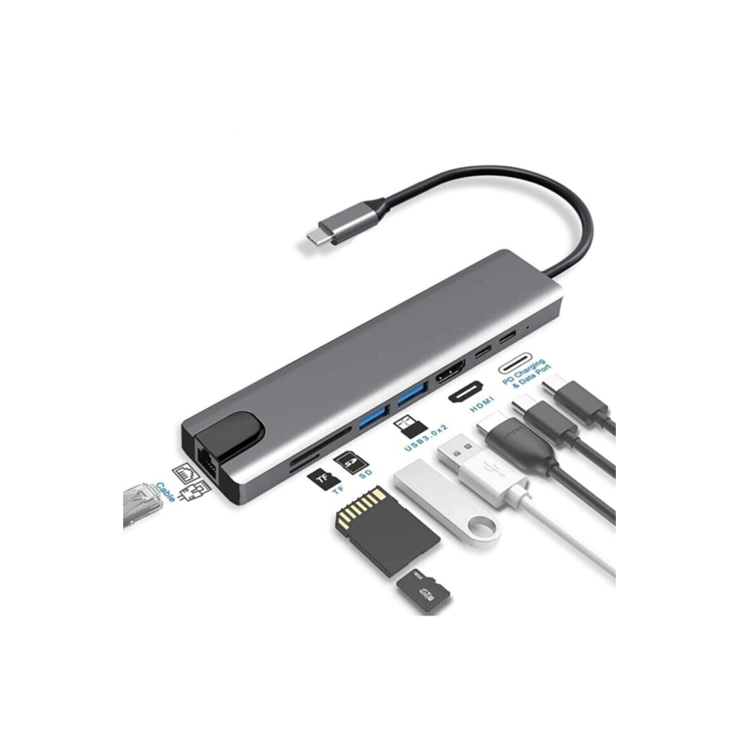 Macbook Pro Air Usb Type-c Hub Dönüştürücü Çevirici Çoklayıcı Usb Hdmı Micro Sd 8 Girişli Rj8i1new