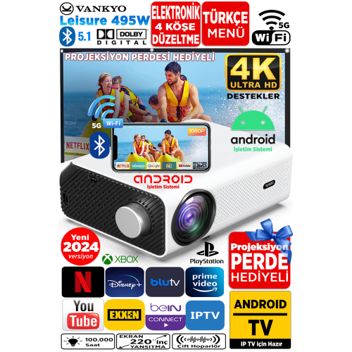 Leisure 495w Android 4k Wi-fi Bluetooth Led Projeksiyon Cihazı -220 Inç Yansıtma-dolby Ses