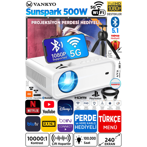 Sunspark 500w 1080p Destekli Wifi + Bluetooth Projeksiyon Cihazı - 240 Inç Yansıtma -dahili Hoparlör