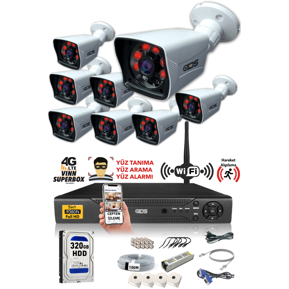8 Kameralı 5mp Lensli 1080p Fullhd Kamera Seti - Gece Görüşlü - Su Geçirmez - Cepten Izle