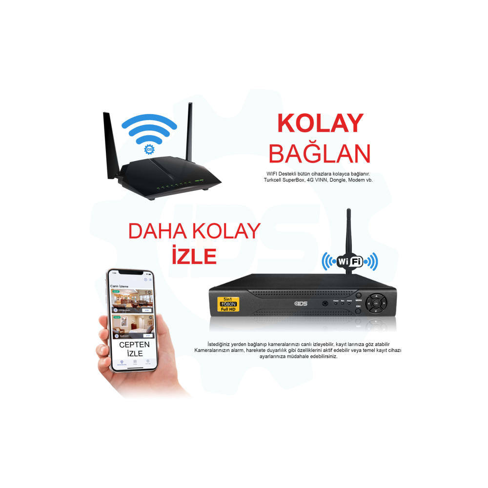 8 Kameralı 5mp Lensli 1080p Fullhd Kamera Seti - Gece Görüşlü - Su Geçirmez - Cepten Izle