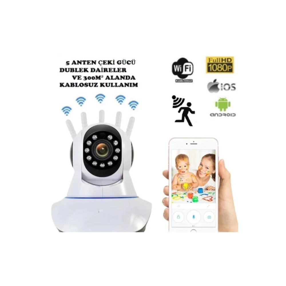 360° Wifi Ip Güvenlik Kamera 5 Antenli Gece Görüşlü Sensörlü Harekete Duyarlı