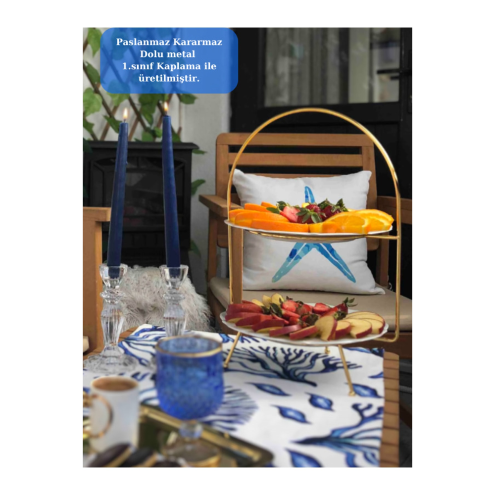 2 Katlı Paslanmaz Kararmaz Gold Etajer Sunum Ve Ikramlık Pasta Standı / Tabaklar Temsilidir.