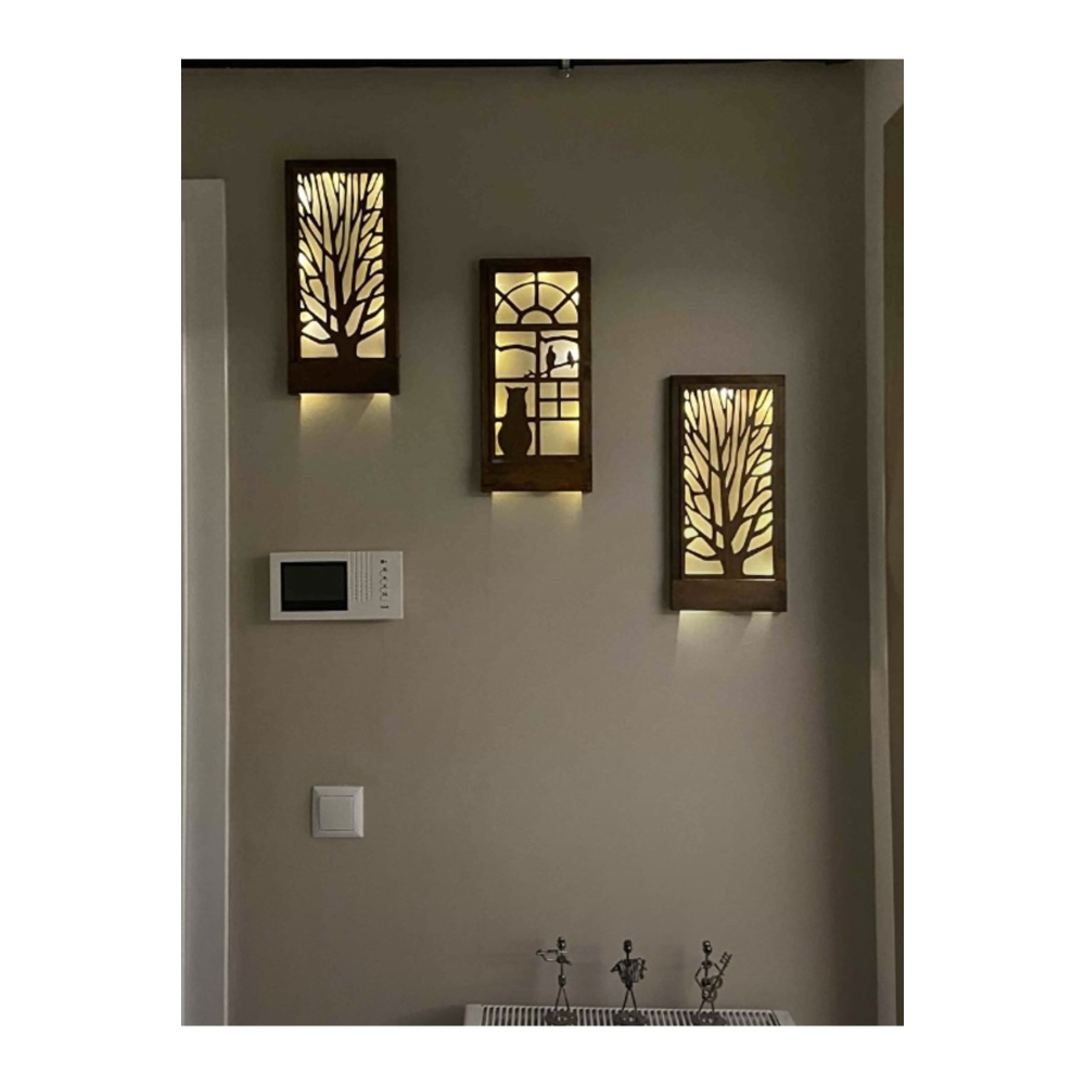 3 Lü Set Piller Dahil Peri Ledli Masif Ahşap Tablo Ev Hediyesi Hol Antre Gece Lamba 36x18 Duvar Süsü