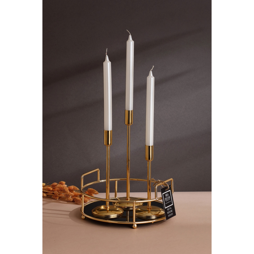 İnci 3 Lü Şamdan Parlak Mum Metalik Kaplama Gövde Uzun Çubuk Konik