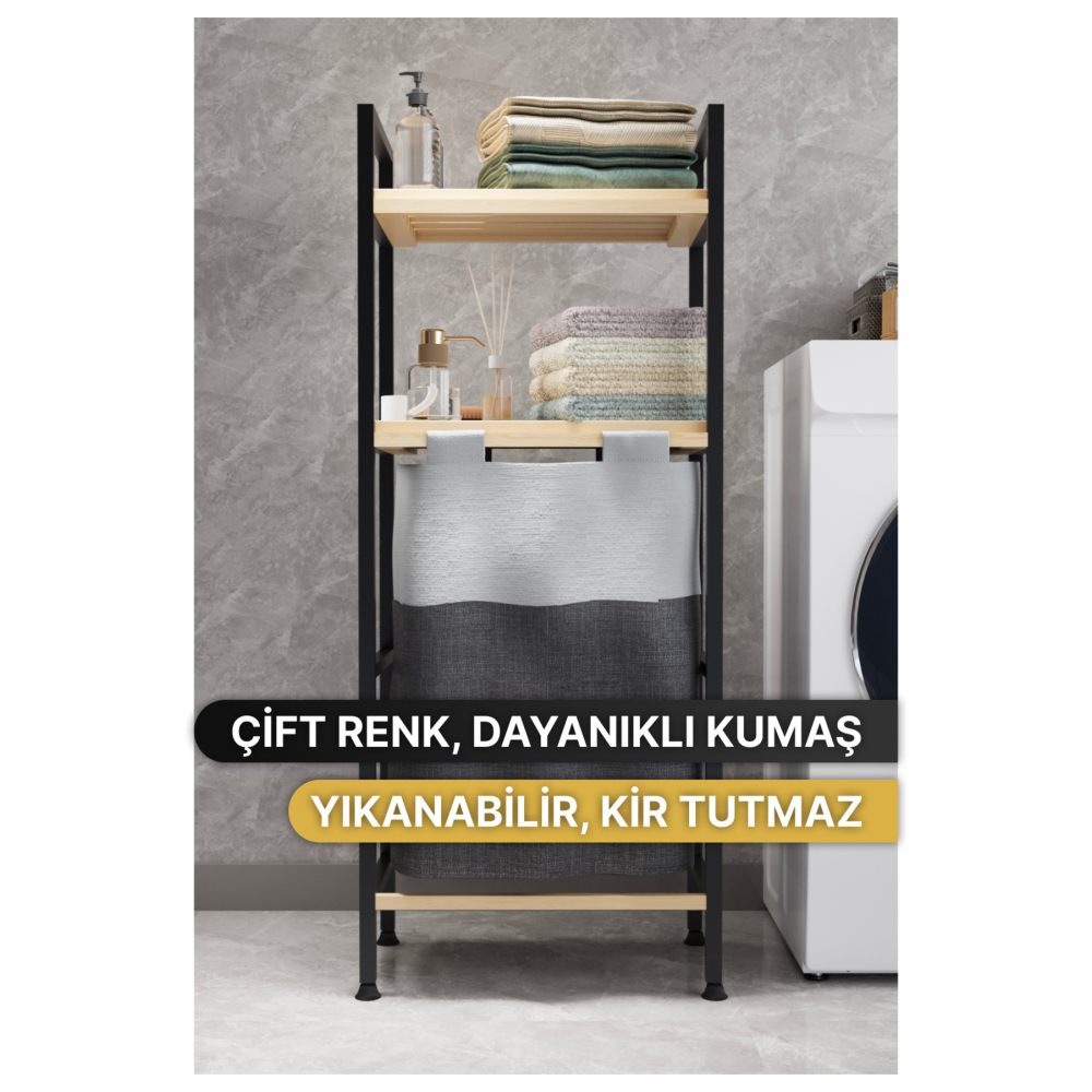 Çamaşır Sepeti Ahşap Raflı Kirli Sepeti 2 Katlı Büyük Boy Kapaklı Çok Amaçlı Banyo Düzenleyici