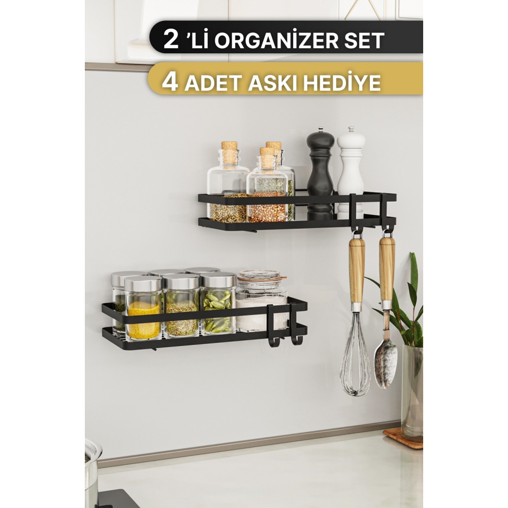 Mutfak Rafı 2'li Set Yapışkanlı Lüks Modern Siyah Metal Baharatlık Rafı Organizer Düzenleyici