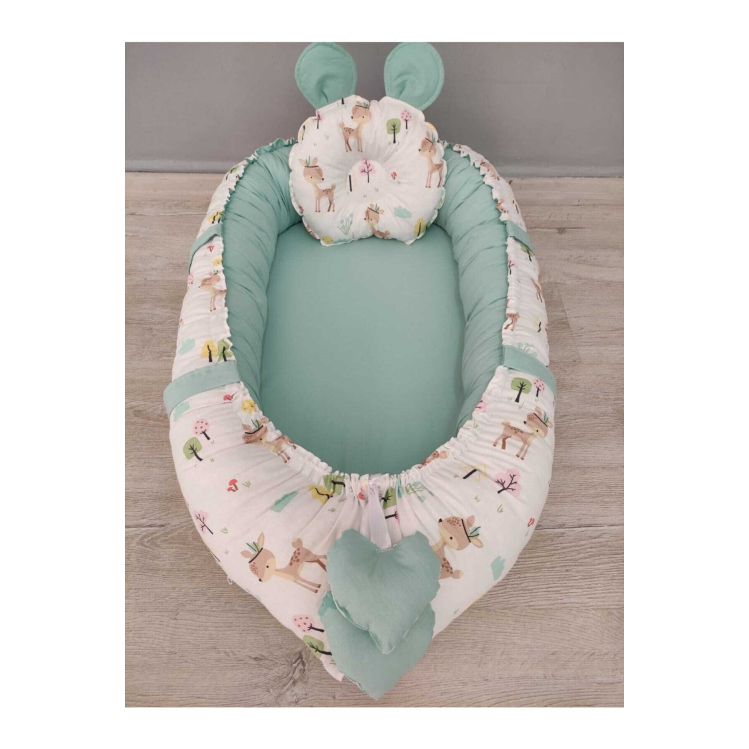 Babynest, Tatlı Karaca Desen, Mint Yeşili Orijinal Bebek Yatağı Ve Yastığı