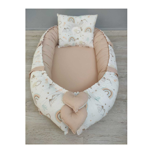 Babynest, Tepeler Desen, Bej Kombin Orijinal Bebek Yatağı Ve Yastığı