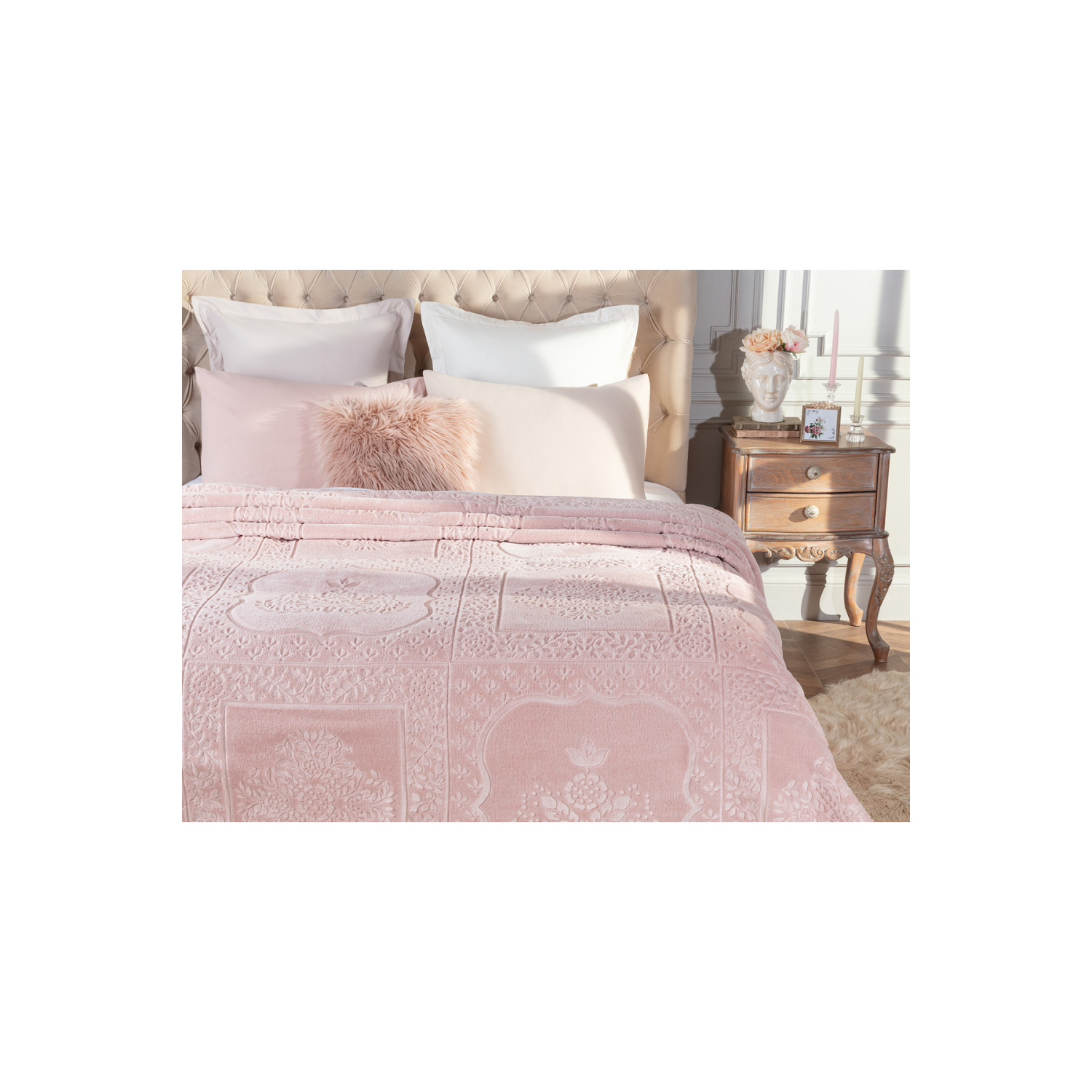 Rochelle Vizon Emboss Çift Kişilik Battaniye - Pudra