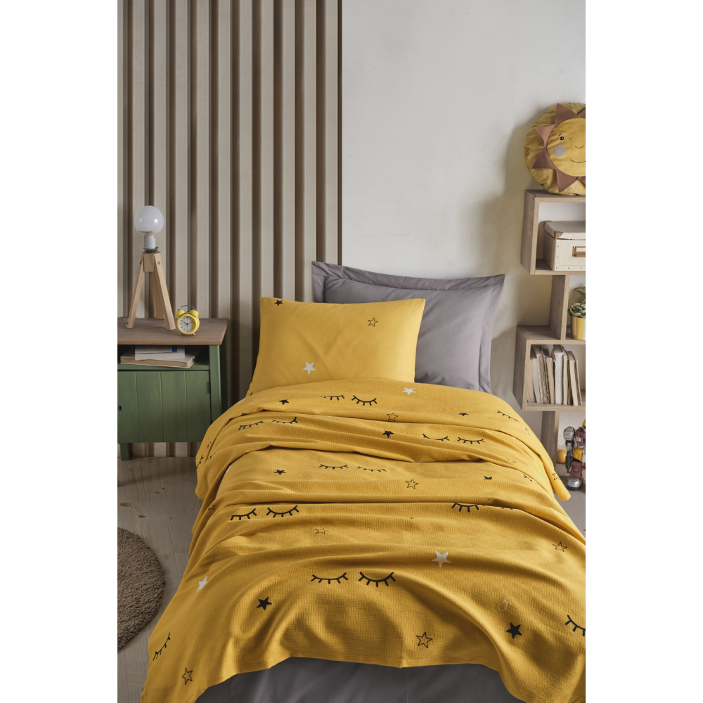 Baskılı Pike Takımı Tek Kişilik Dide Sarı