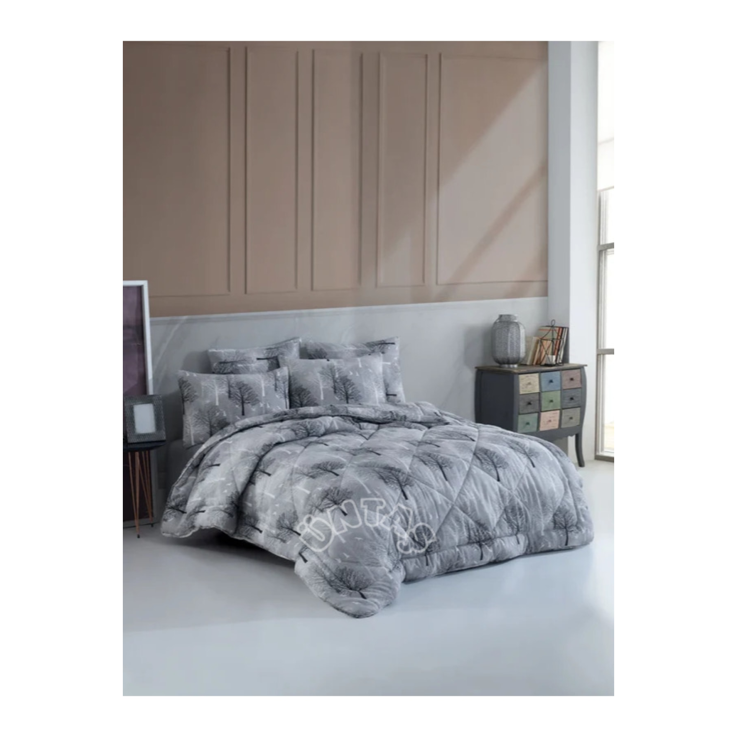 Life Uyku Serisi Gri Ağaç 4 Parca Çift Kişilik Uyku Seti