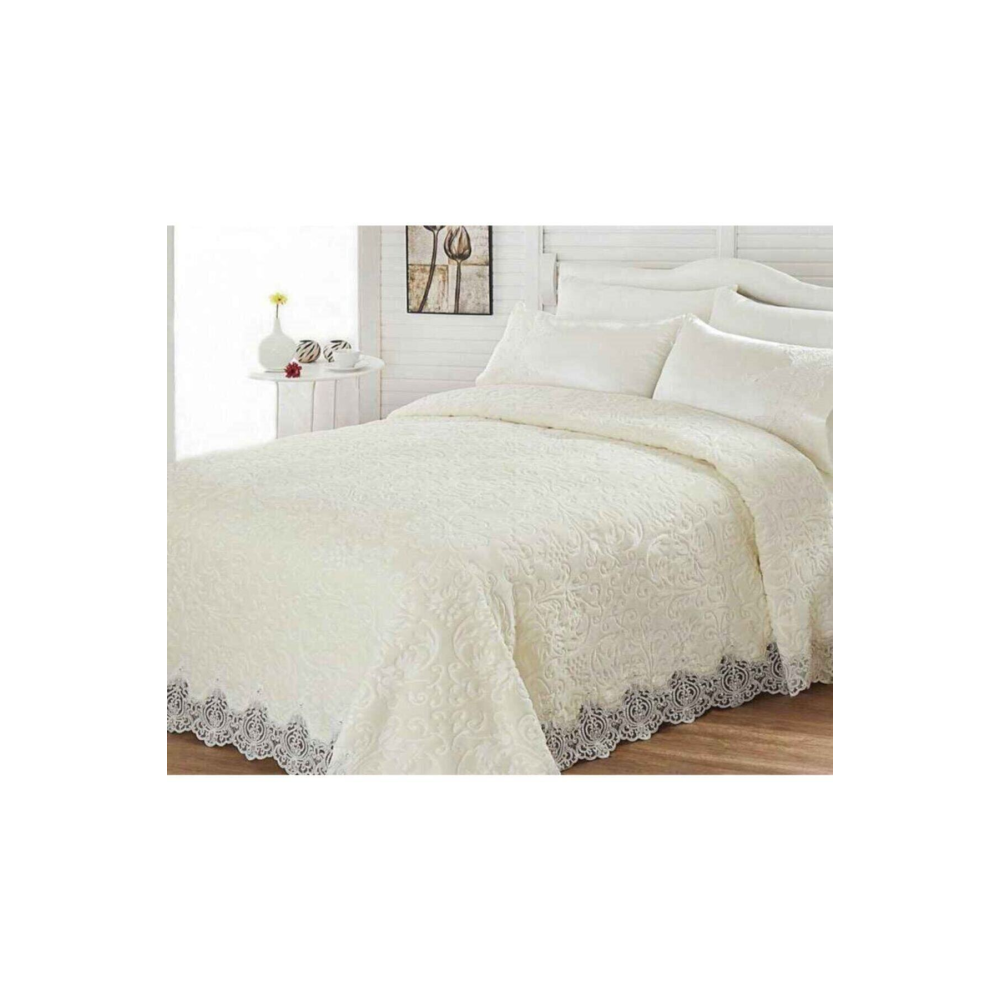 Krem Gelin Battaniye Seti Fransız Güpürlüdür Çeyizlik