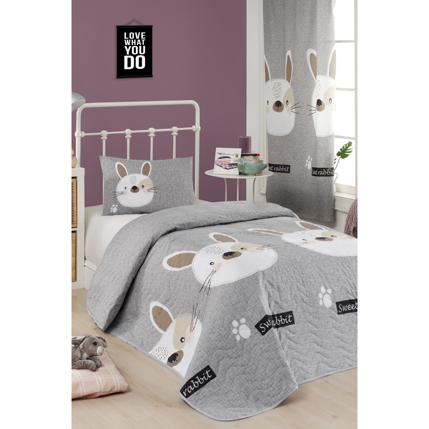 Kapitone Yatak Örtüsü Seti Tek Kişilik Tavşancık A.Kahve-Gri-Pembe