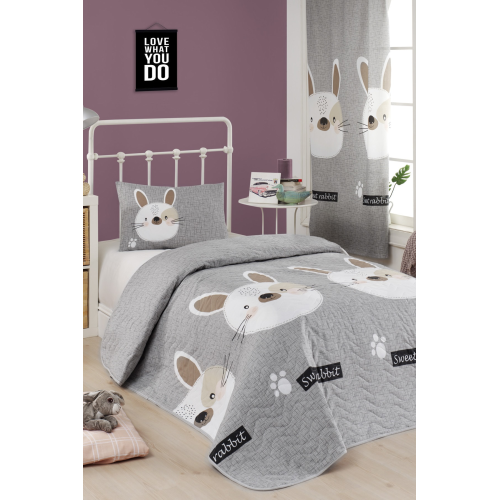 Kapitone Yatak Örtüsü Seti Tek Kişilik Tavşancık A.Kahve-Gri-Pembe