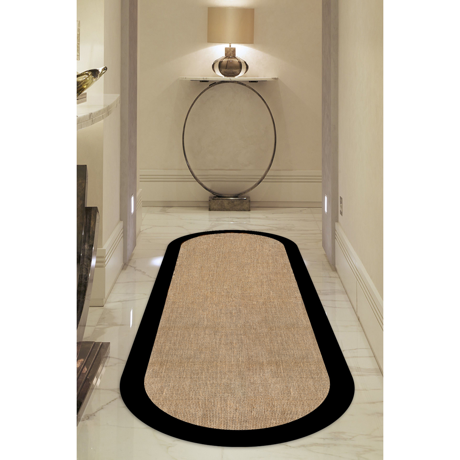 Dijital Kaymaz Yıkanabilir Siyah Jüt Görünümlü Oval Salon Halısı Mutfak Halısı Koridor Halısı Yolluk