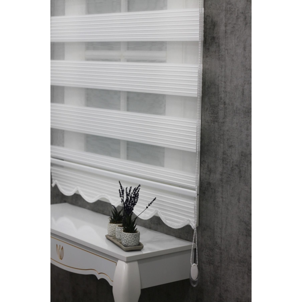 Ekru Geniş Plise Etek Dilimli Zebra Stor Güneşlik Perde