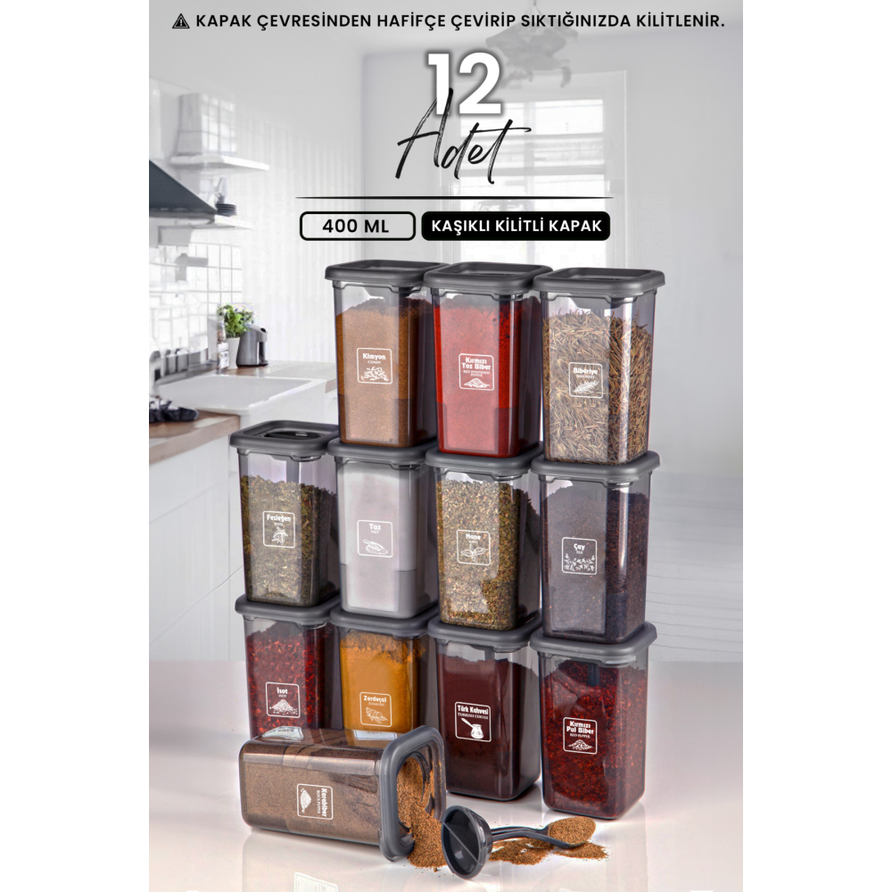 12'li Etiketli ve Kilitlenebilir Kapaklı Kendinden Kaşıklı Baharatlık Seti - Kilitli Baharatlık