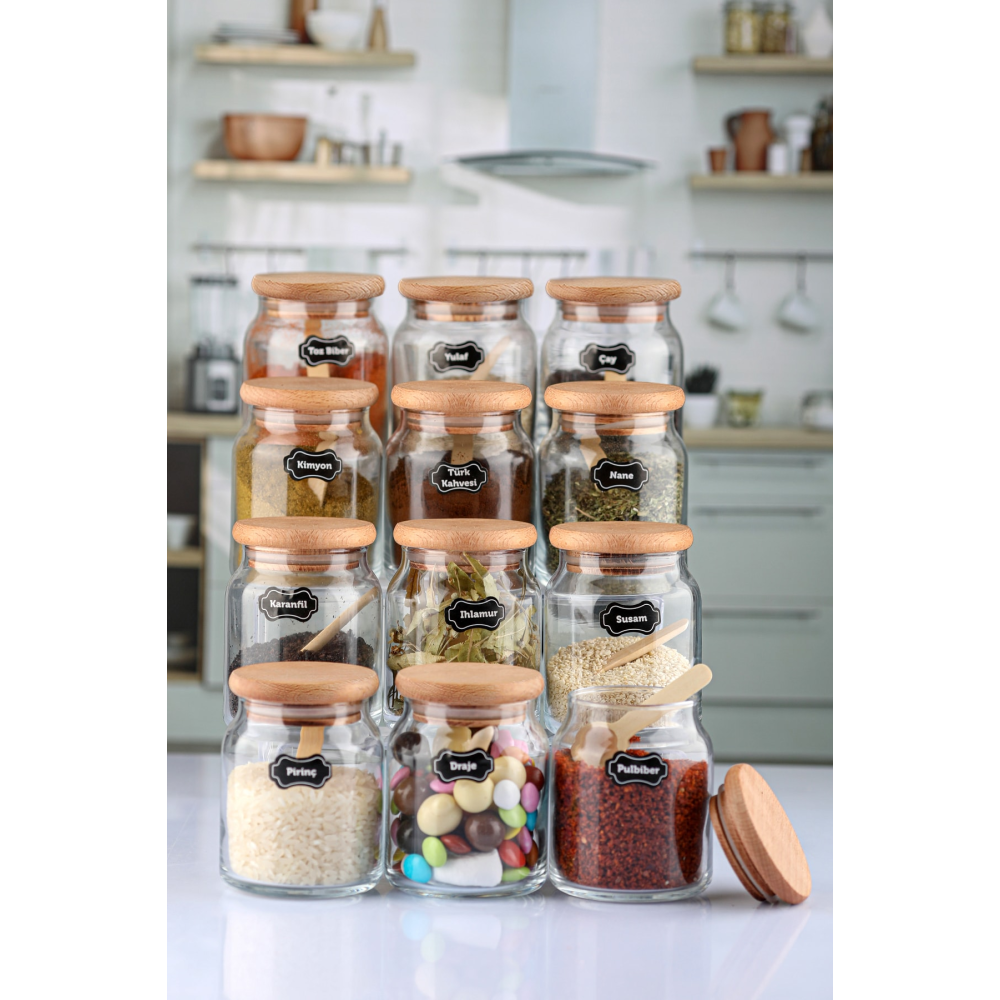 Etiketli, Bambu Kapaklı Ve Kaşıklı 12'li Lüx Baharat Takımı 300 ml