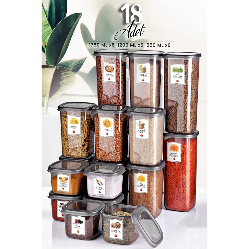 18'li Etiketli Square Kare Erzak Saklama Kabı Seti x6(550ml-1200ml-1750ml) Sert Kapaklı Kavanoz