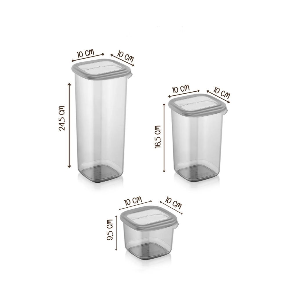 18'li Etiketli Square Kare Erzak Saklama Kabı Seti x6(550ml-1200ml-1750ml) Sert Kapaklı Kavanoz