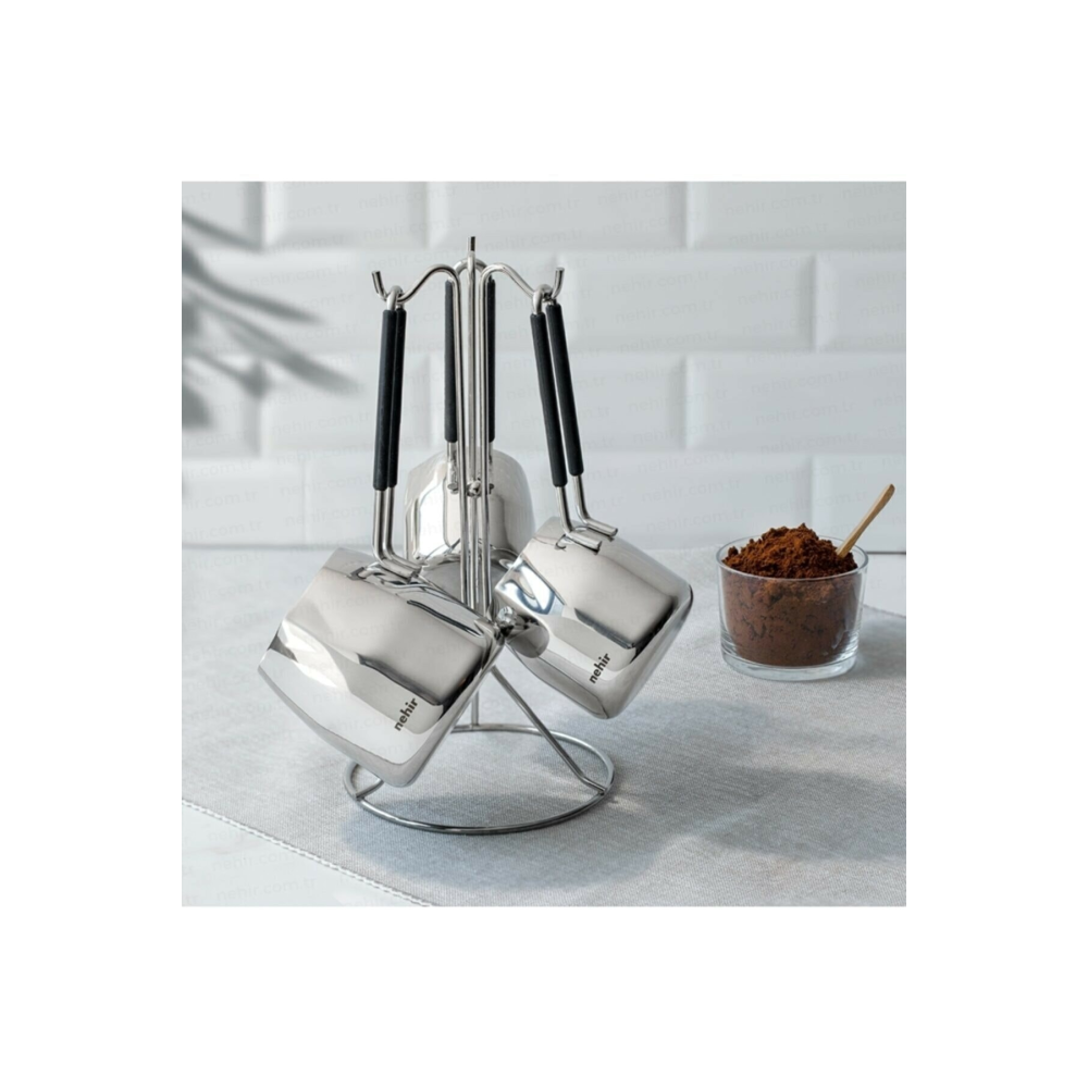 29015 Modern Askı Standlı 4 Parça Çelik Cezve Seti