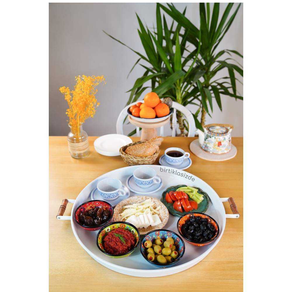 2 Li Ahşap Kulplu 51 Cm Metal Tepsi Ve 37 Cm Beyaz Tepsi Çay Kahve Sunum Tepsisi