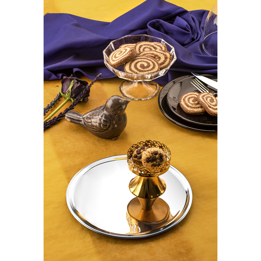 6 Adet Lüx 21,5 Cm Gümüş Yuvarlak Servis Sunum Tepsisi