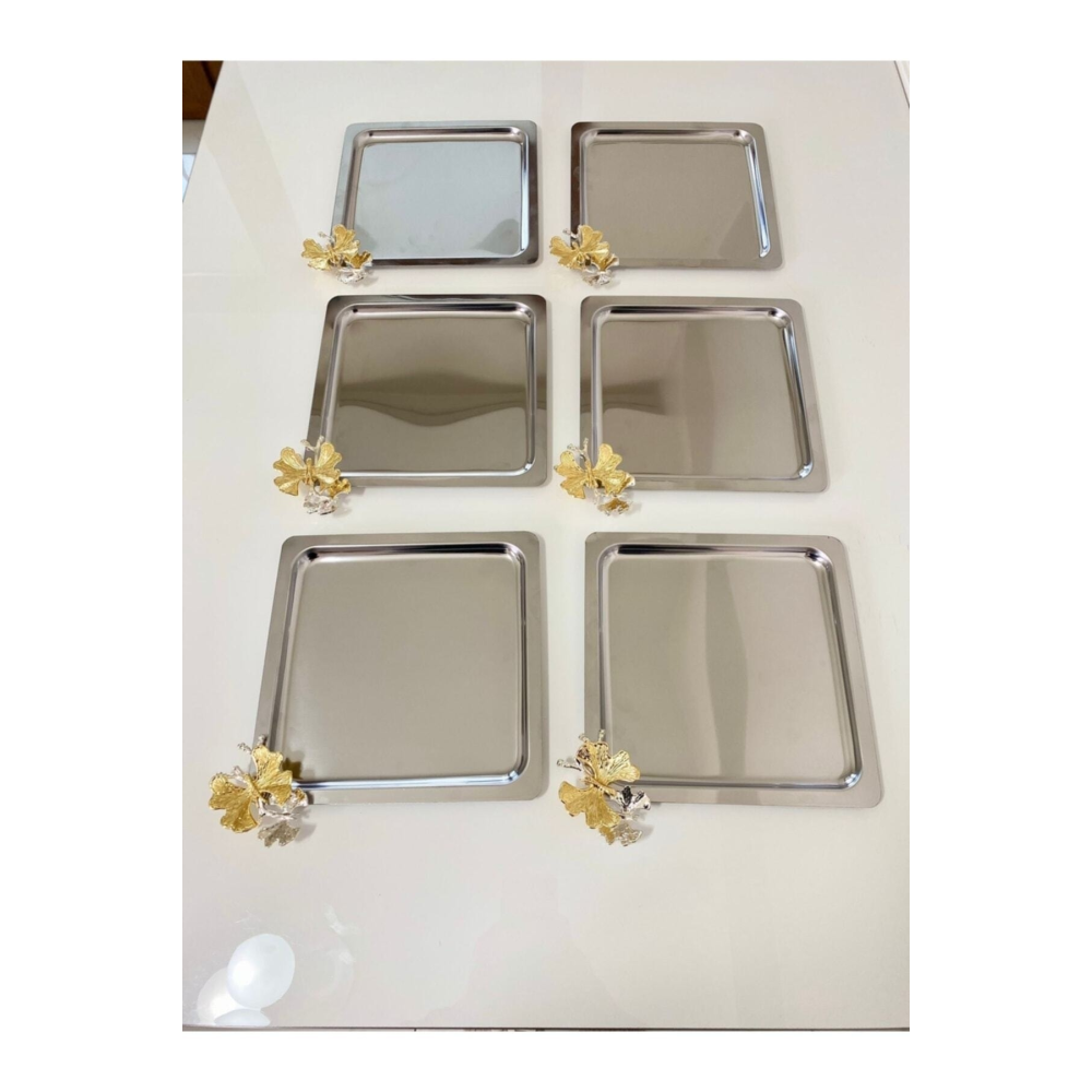 Lüx Kare Kelebek Aksesuarlı Paslanmaz Çelik 6’lı Gümüş Kahve, Çay, Dekoratif Sunum Servis Tepsisi