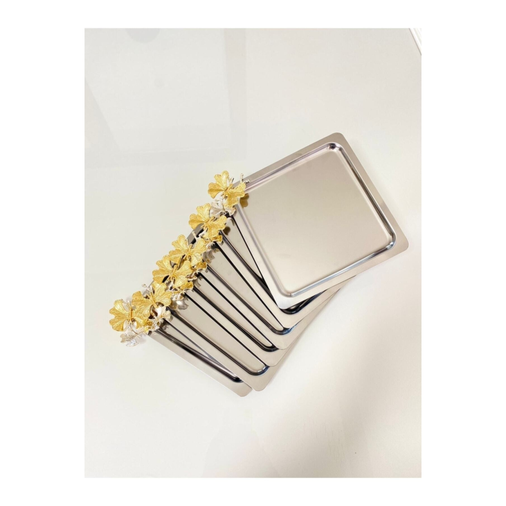 Lüx Kare Kelebek Aksesuarlı Paslanmaz Çelik 6’lı Gümüş Kahve, Çay, Dekoratif Sunum Servis Tepsisi