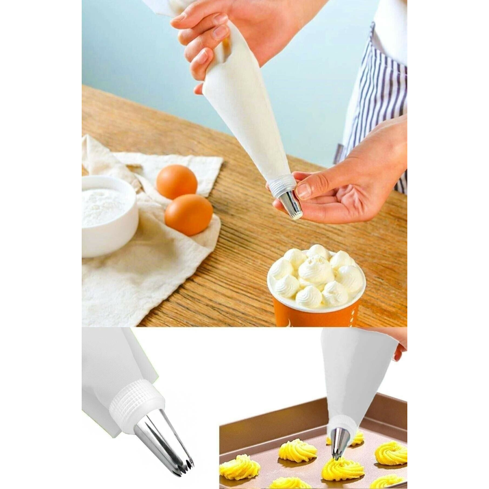 Krema Sıkma Torbası Seti 10 Parça Pasta Krema Kek Süsleme Torbası Paslanmaz Çelik Uçlu