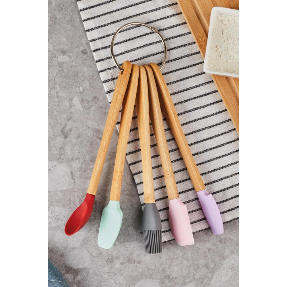 5 Parça Mini Silikon Spatula Kaşık Fırça Seti - High Quality - Bambu Saplı