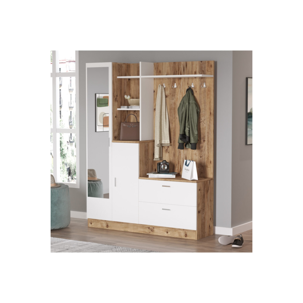 Wisdom Vestiyer Ayakkabılık Portmanto Aynalı Raf Çam-Beyaz