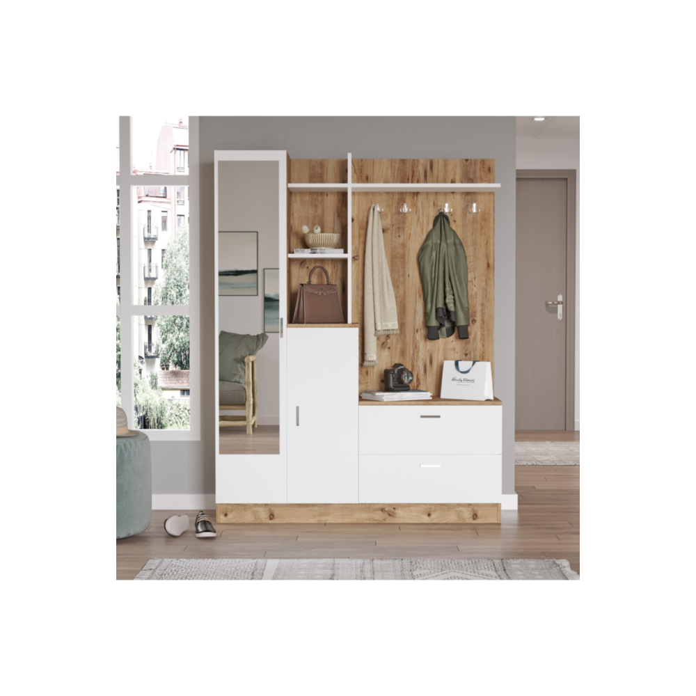 Wisdom Vestiyer Ayakkabılık Portmanto Aynalı Raf Çam-Beyaz