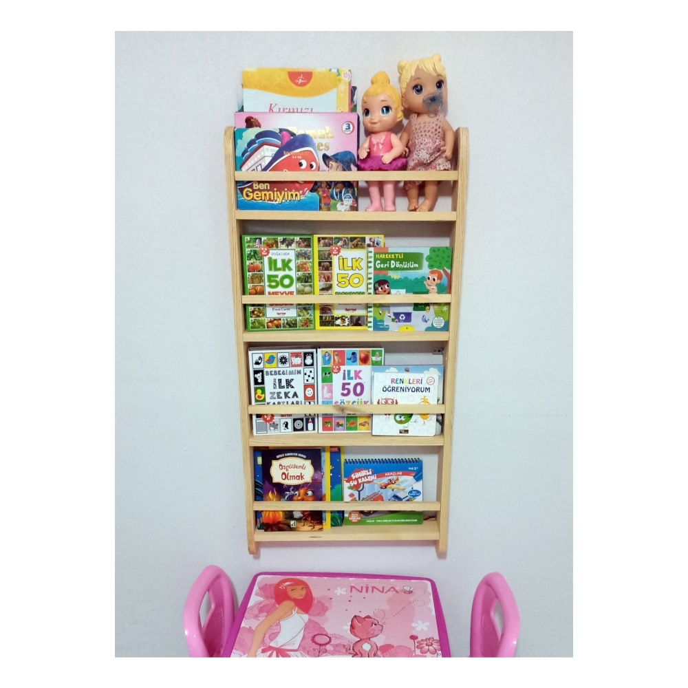 Montessori Çocuk Odası Kitaplığı Ahşap Ham Verniksiz Doğal Kitaplık 100*50*9 Ahşap Kitaplık