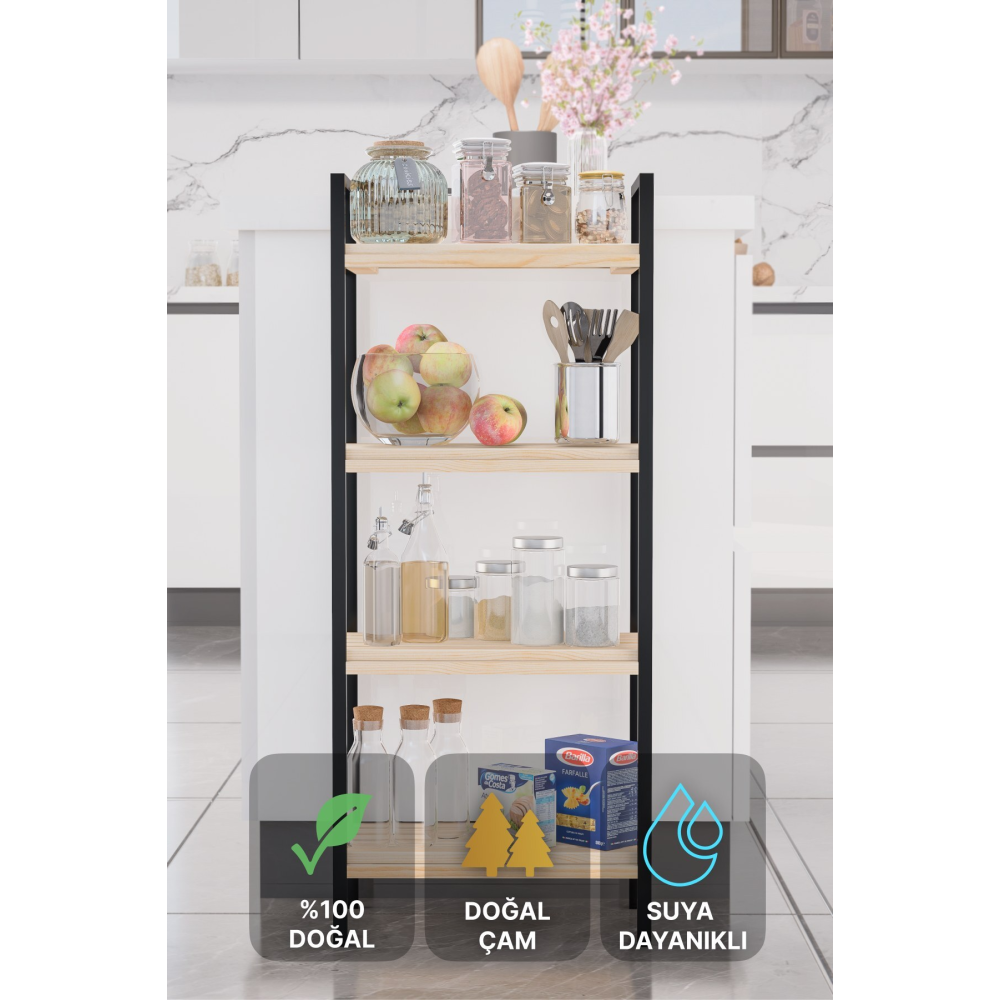 Mutfak Banyo Dolabı Rafı Çok Amaçlı Organizer Raflar Ahşap Raflı Metal Ayakkabılık 4 Katlı