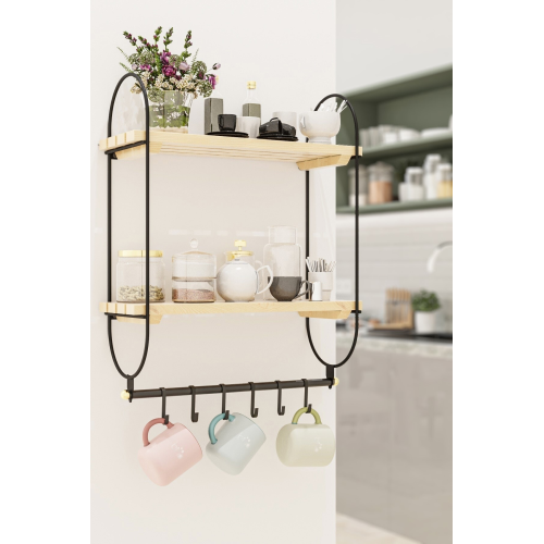 Mutfak Rafı Bardak Askısı Kahve Fincanı Kupa Askısı Düzenleyici 6 Kancalı Ahşap Raf Organizeri