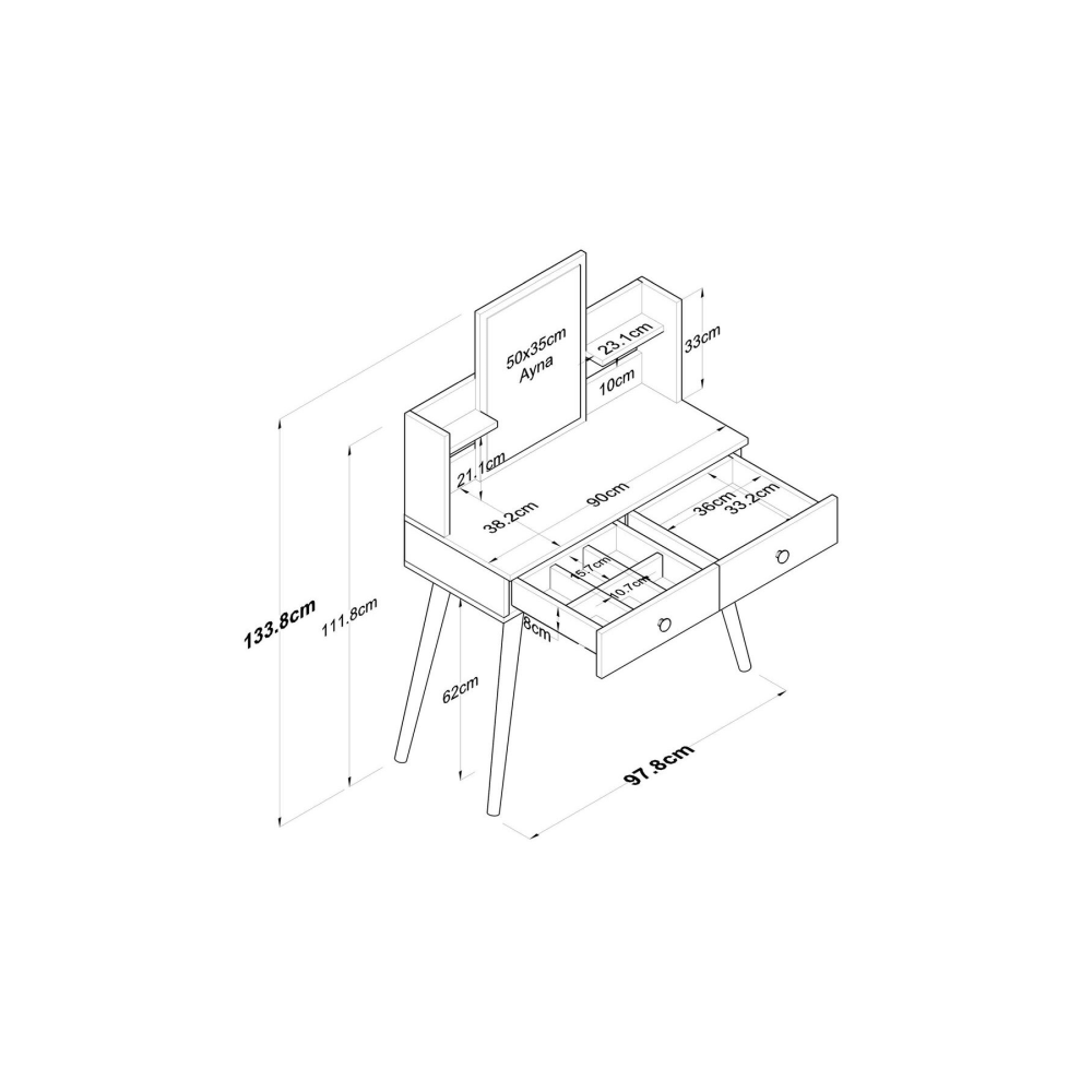 Rani Bj102 Makyaj Masası 2 Çekmeceli Raflı Aynalı Takı Düzenleyici Beyaz