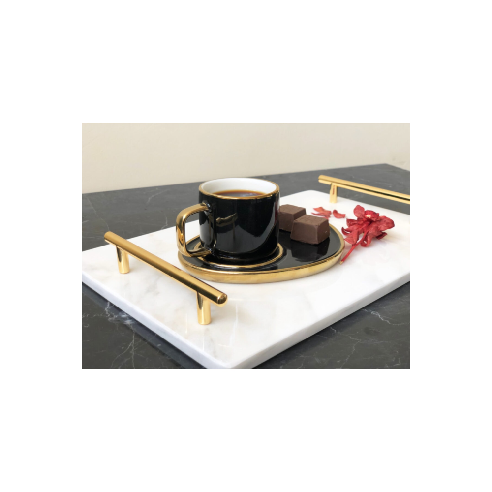 Doğal Mermer 20x30 Sunum Tepsisi Metal Gold Kulp