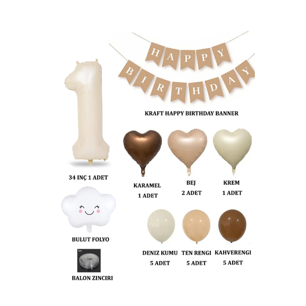 1 Yaş Retro Doğum Günü Seti; Krem Rakam Folyo, Banner, Kalp Folyo ve Lateks Balon
