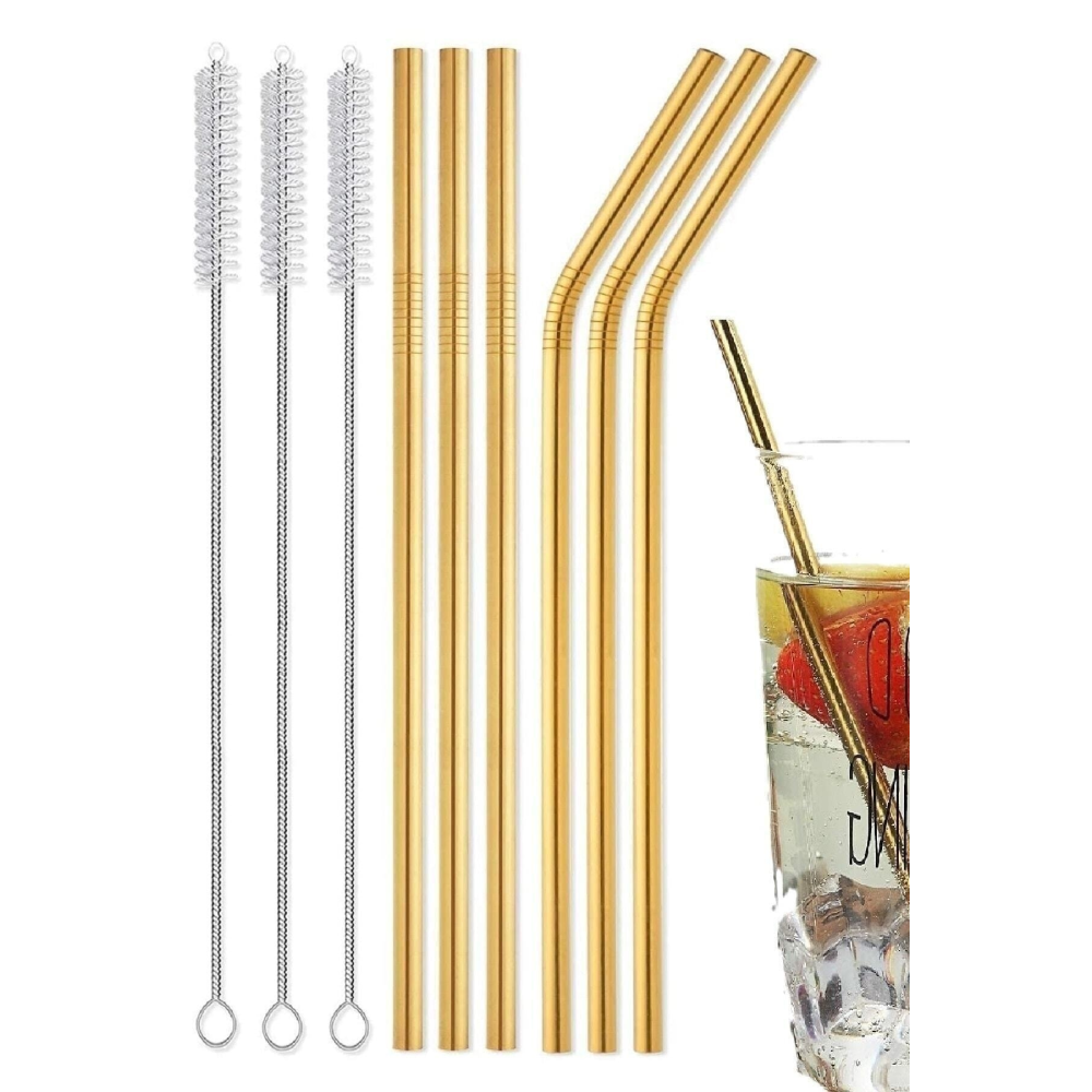 9 Parça Gold Metal Pipet Paslanmaz Çelik Meşrubat Pipeti Çubuk Pipet Temizleme Fırçası